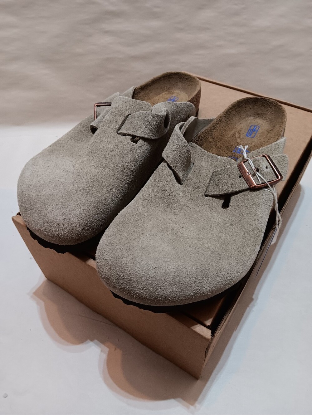 Birkenstock Boston Suede Clog Mules in Light Gray Taupe